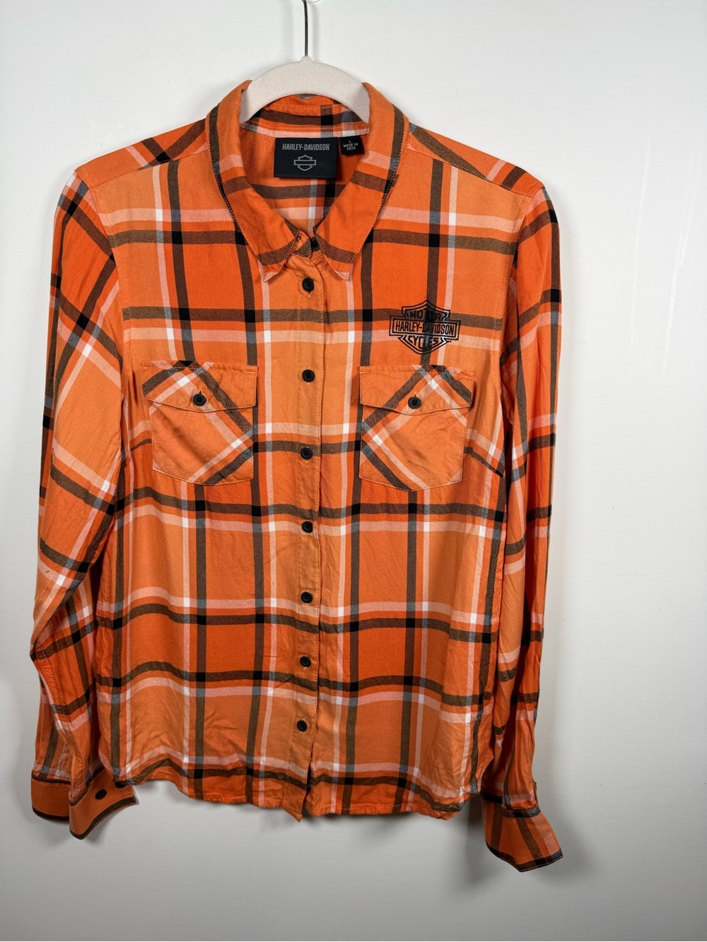 HARLEY DAVIDSON | Orange Plaid Button Up Size L